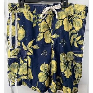 Mossimo Supply Co. Blue Yellow White Lined Swimming Trunks Shorts SZ Med Pockets